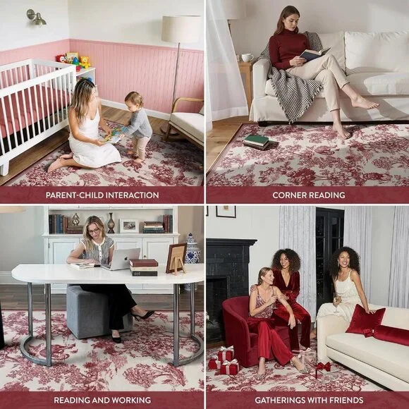 5x7 Area Rugs Red Delft Rug for Living Room, Washable Rug for Bedroom Dining Roo - Picture 7 of 8